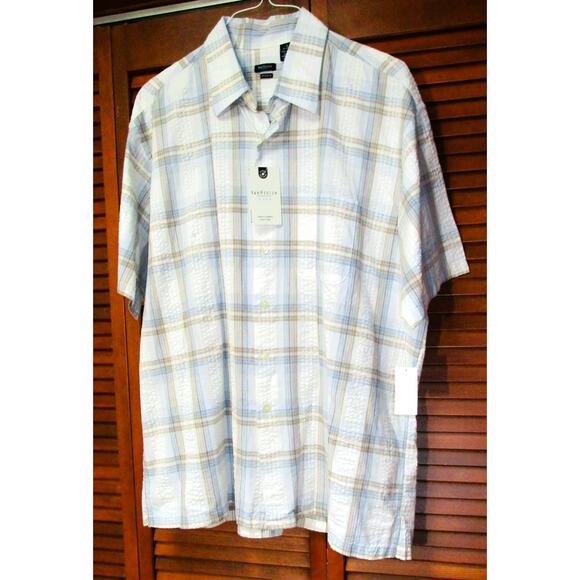 Van Heusen Men’s White Shirt with Blue and Brown Stripes Textured Cotton Size XL - Picture 1 of 5